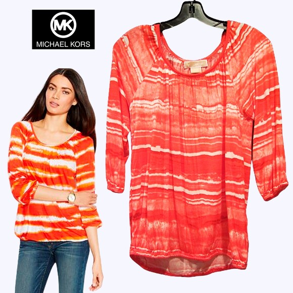MICHAEL Michael Kors NEW CORAL REEF Dopamine Tie Dye Stripe Peasant Blouse PS - Picture 1 of 11